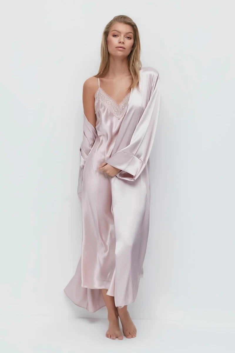 C&city Long Sleeve Satin Dressing Gown 093 Powder