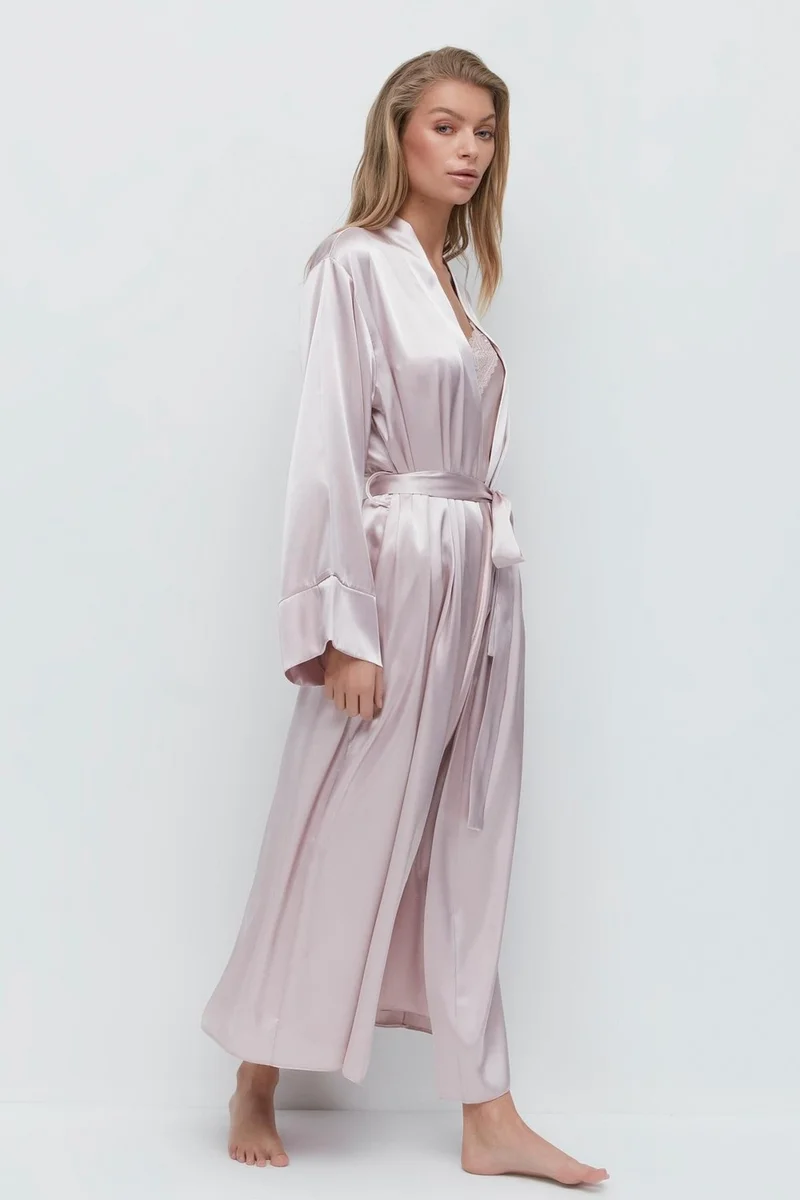 C&city Long Sleeve Satin Dressing Gown 093 Powder
