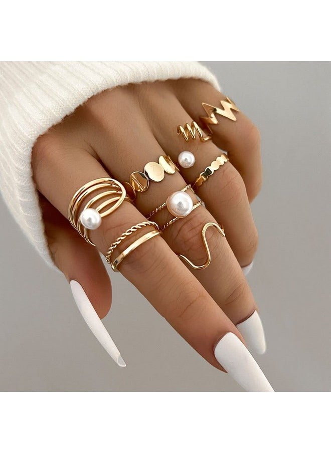 Shining Diva Fashion - Shining Diva Fashion 8pcs Stylish Pearl Rings for Women and Girls (Golden) (14772r) - Image 1