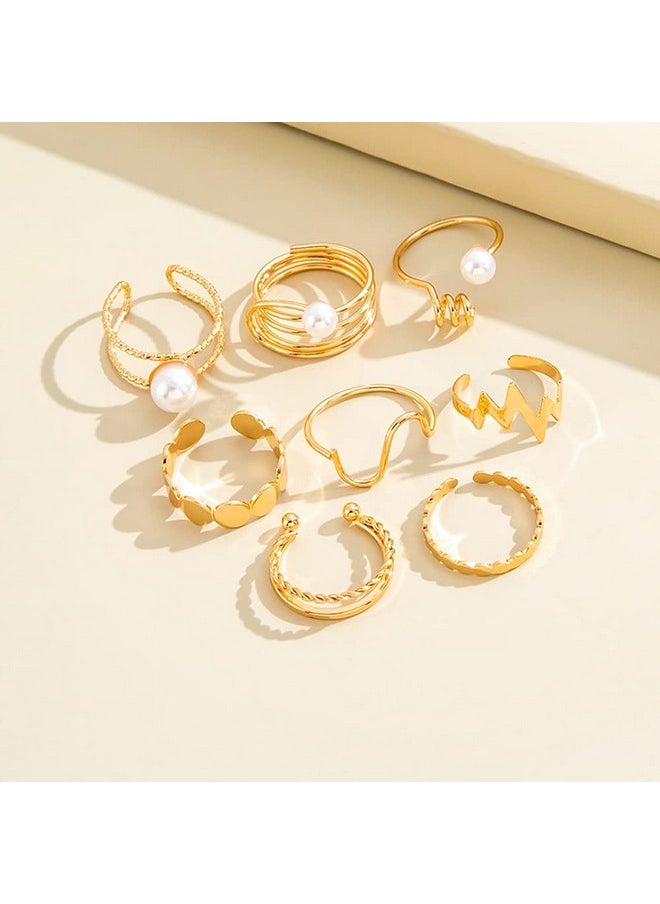 Shining Diva Fashion - Shining Diva Fashion 8pcs Stylish Pearl Rings for Women and Girls (Golden) (14772r) - Image 1