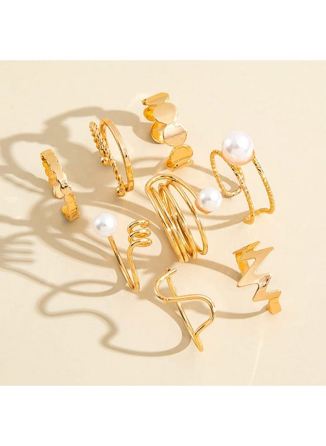 Shining Diva Fashion - Shining Diva Fashion 8pcs Stylish Pearl Rings for Women and Girls (Golden) (14772r) - Image 1