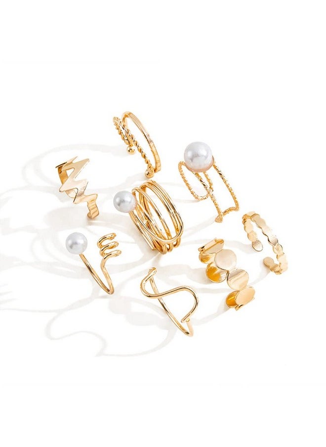Shining Diva Fashion - Shining Diva Fashion 8pcs Stylish Pearl Rings for Women and Girls (Golden) (14772r) - Image 1