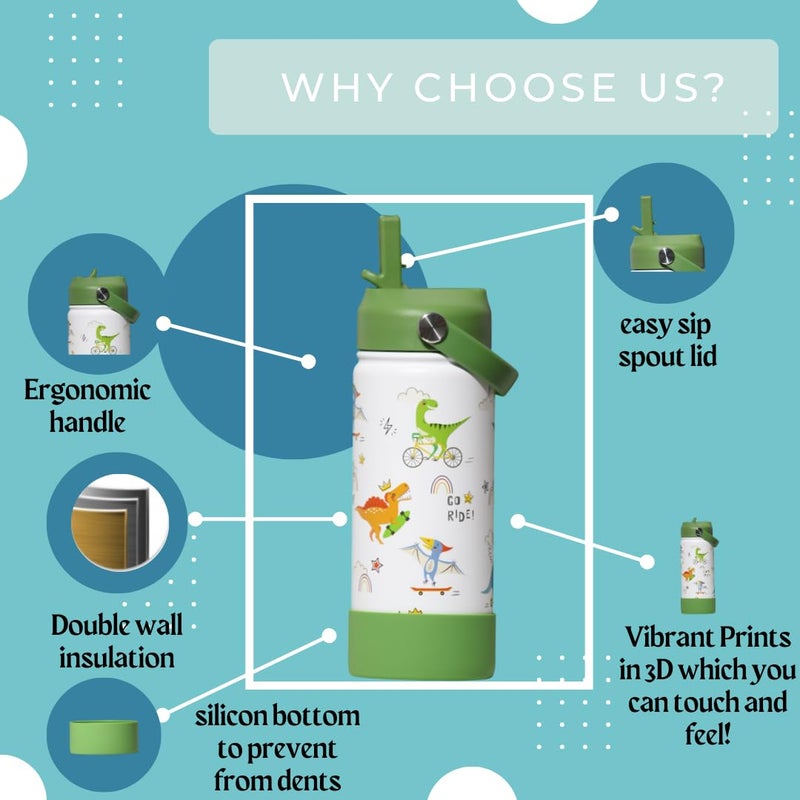 TOM  BELL Insulated Water Bottle for Kids 500ml,Double Wall Water Bottle for School, Sipper Bottle,Hot and Cold, Premium 304 Stainless Steel (Dinosaurs, 500ml) - Image 5