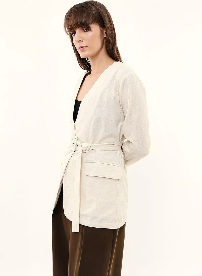 Dennis Lingo  Women Beige Cotton Blend Textured Regular Blazer for Women | Best Price UAE