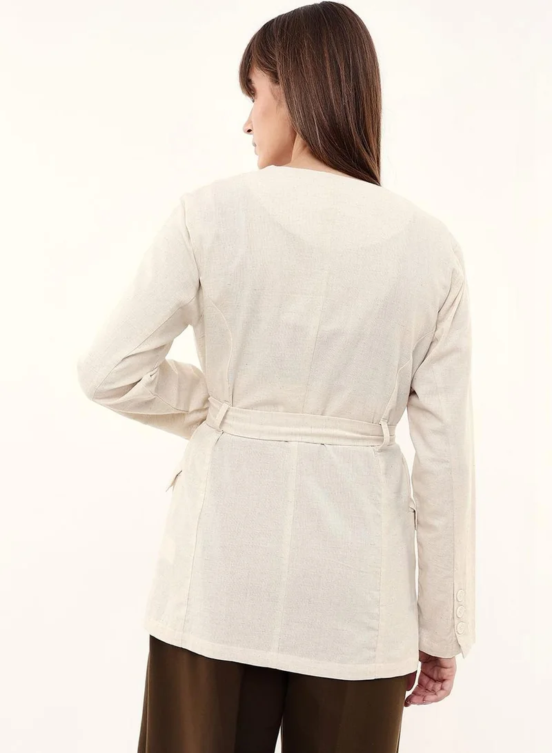 Dennis Lingo  Women Beige Cotton Blend Textured Regular Blazer for Women | Best Price UAE