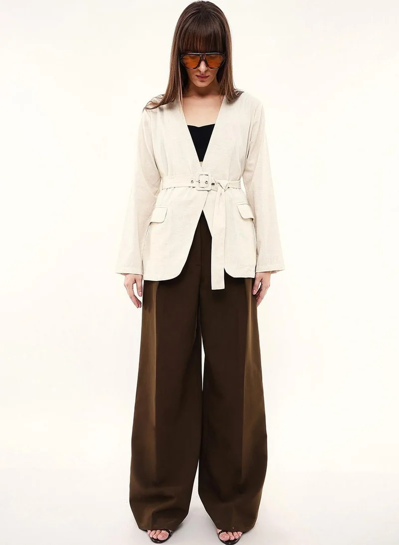 Dennis Lingo Women Beige Cotton Blend Textured Regular Blazer