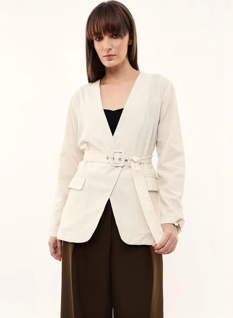 Dennis Lingo  Women Beige Cotton Blend Textured Regular Blazer for Women | Best Price UAE