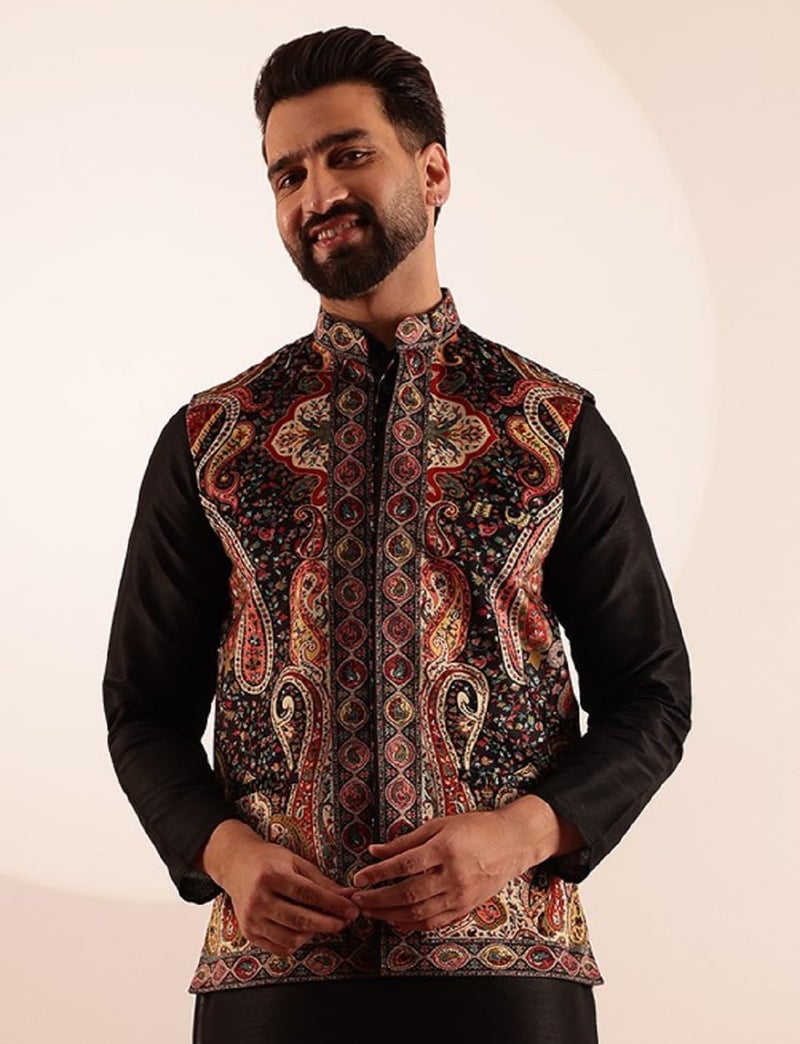 SOJANYA (Since 1958 Men's Velvet Black & Beige Nehru Jacket With Paisley Print - Image 5