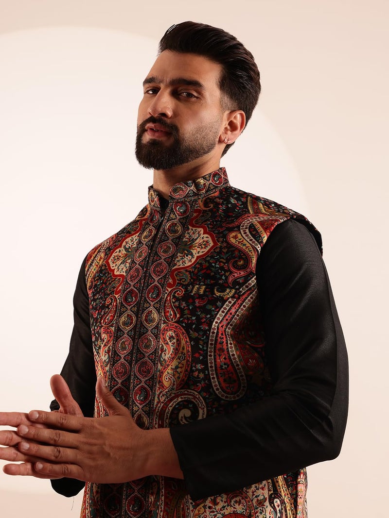 SOJANYA (Since 1958 Men's Velvet Black & Beige Nehru Jacket With Paisley Print - Image 2