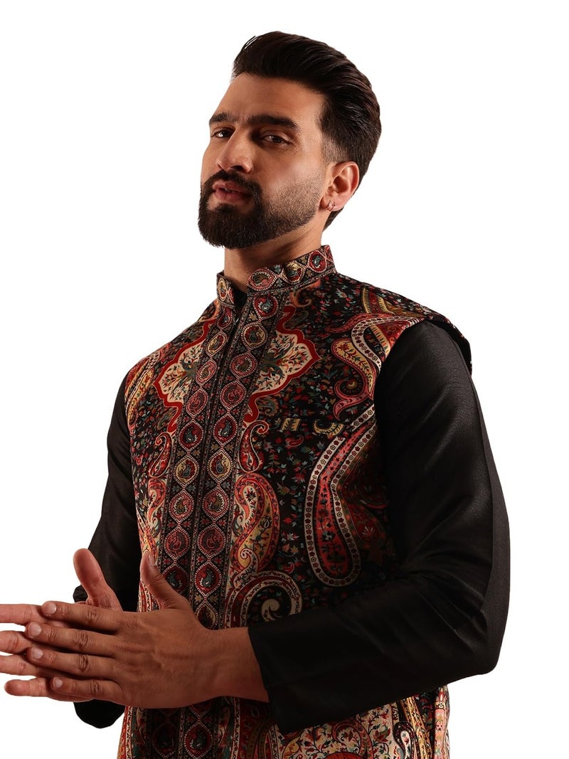 SOJANYA (Since 1958 Men's Velvet Black & Beige Nehru Jacket With Paisley Print - Image 1