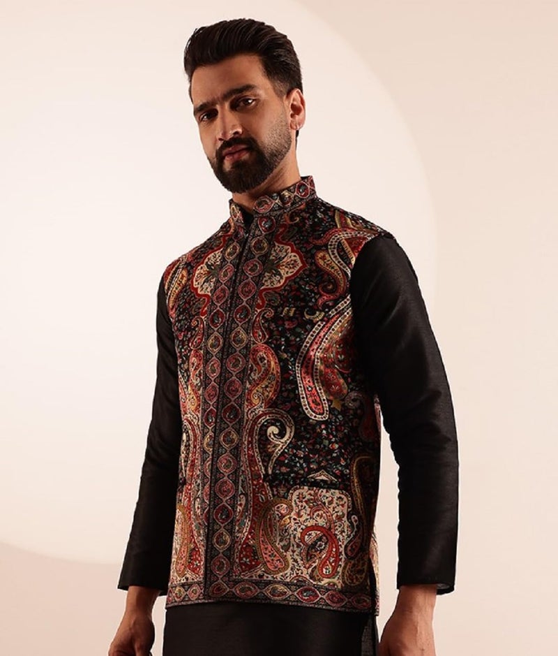 SOJANYA (Since 1958 Men's Velvet Black & Beige Nehru Jacket With Paisley Print - Image 3