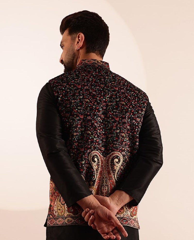 SOJANYA (Since 1958 Men's Velvet Black & Beige Nehru Jacket With Paisley Print - Image 4