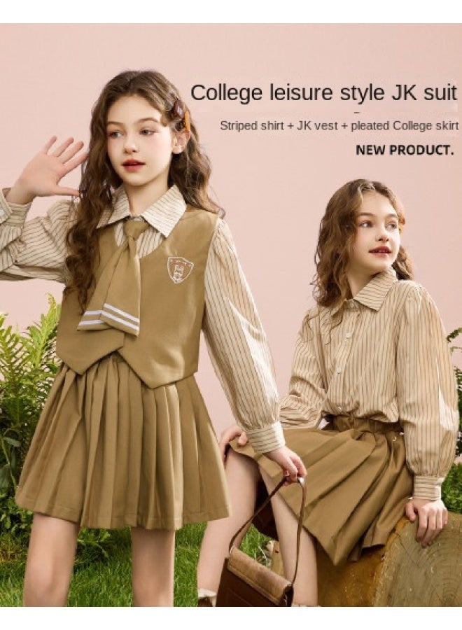 أبكيدس 【مجموعة Preppy Jk】 مجموعة خريف للفتيات، مجموعة قميص مخطط وتنورة مطوية للأطفال الأكبر سنًا - Image 1