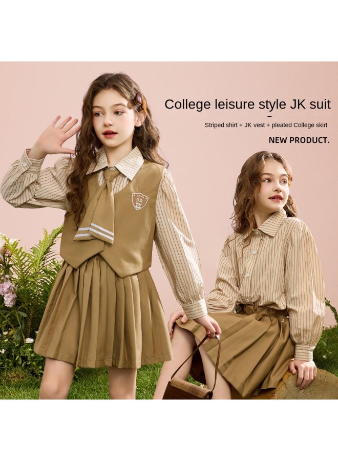 أبكيدس 【مجموعة Preppy Jk】 مجموعة خريف للفتيات، مجموعة قميص مخطط وتنورة مطوية للأطفال الأكبر سنًا - Image 2