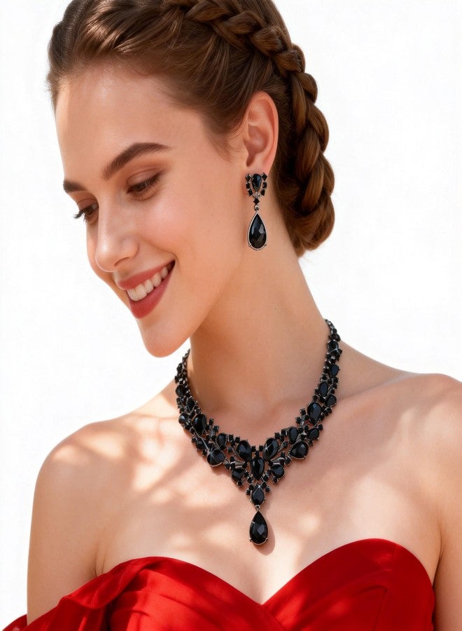 Kamirola Bridal Wedding Jewelry Set for Women/Brides/Bridesmaids Crystal Jewelry Set for Wedding Prom Party Bridal Crystal Necklace Earrings Bracelet Set(TR92) (Black) - Image 3