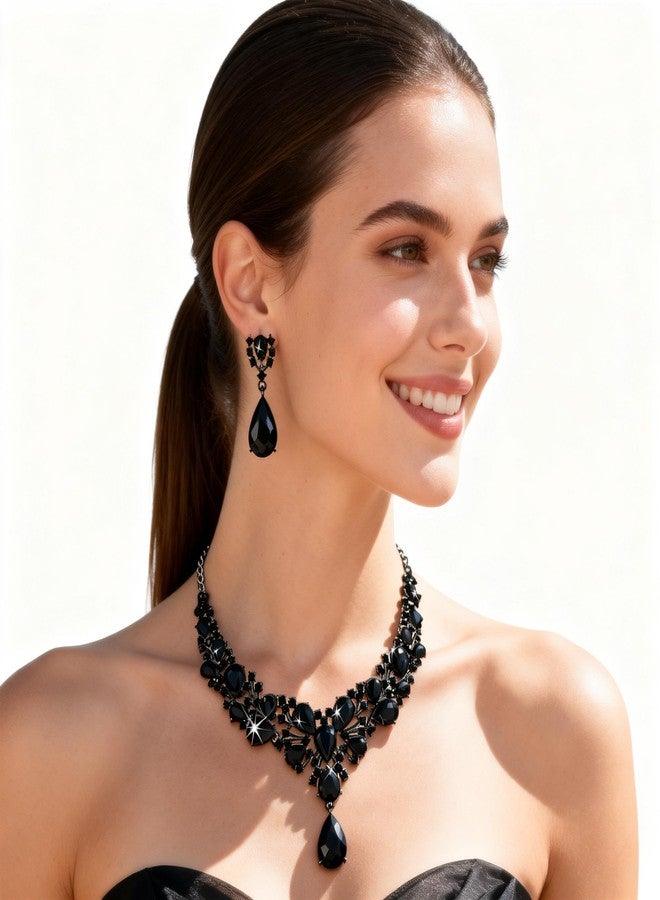 Kamirola Bridal Wedding Jewelry Set for Women/Brides/Bridesmaids Crystal Jewelry Set for Wedding Prom Party Bridal Crystal Necklace Earrings Bracelet Set(TR92) (Black) - Image 2