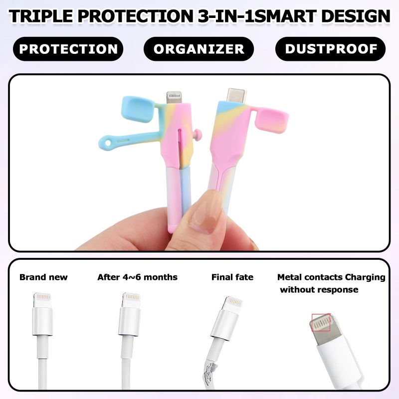 LUSTRIB 4PCS (2 Sets) Charger Cable Protector - Silicone Non-Slip Cord Saver Compatible with Lightning & USB-C Type-C Cables, 2-in-1 Dustproof Organizer and Protection, Multicolor Wire Protector for Home - Image 3