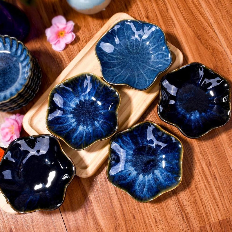 BOSILI Japanese Blue Soy Sauce Dishes Asian Vintage Blue Ceramic Dipping Bowl Set of 5 for Sushi Seasoning - Image 3