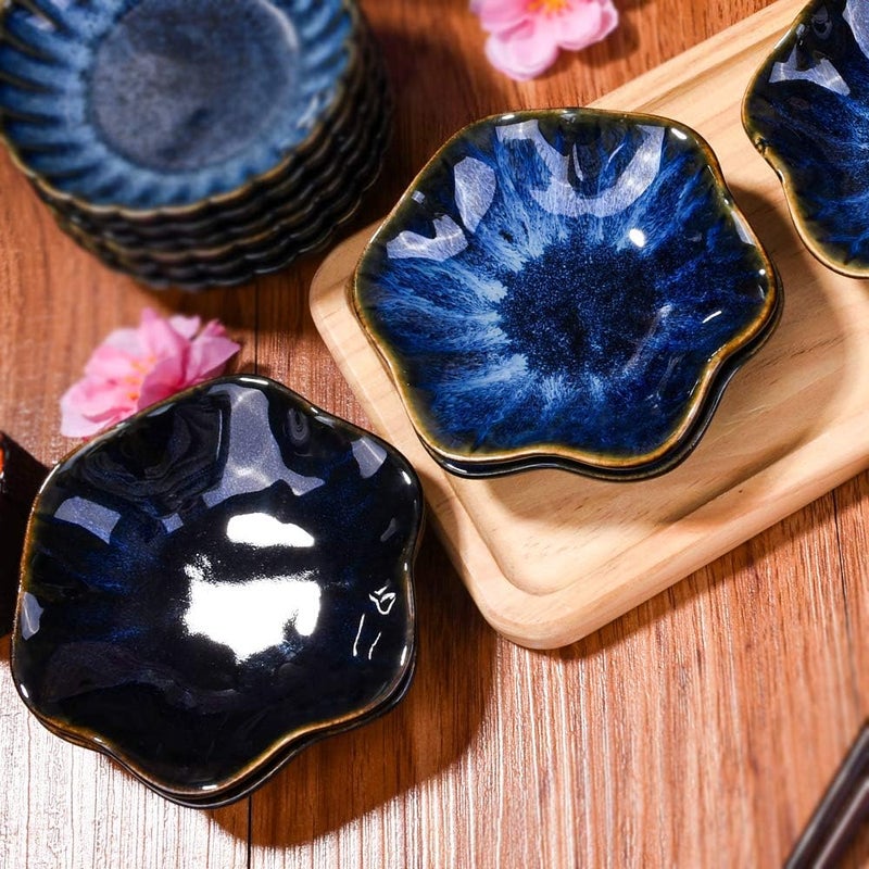 BOSILI Japanese Blue Soy Sauce Dishes Asian Vintage Blue Ceramic Dipping Bowl Set of 5 for Sushi Seasoning - Image 4