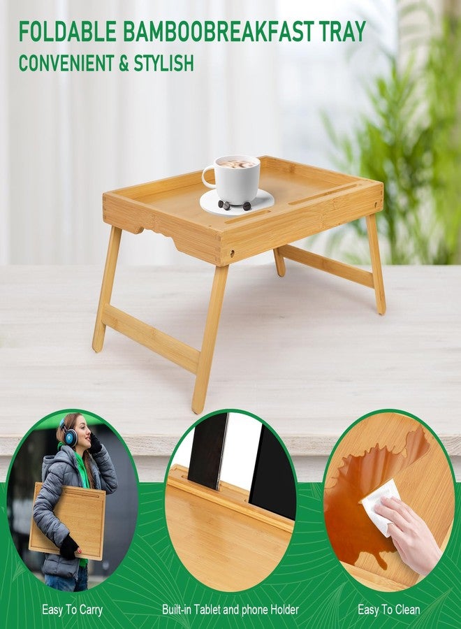 Artmeer Bed Tray Table with Handles Folding Legs,Bamboo Breakfast Food Tray with Media Slot,Use As Platter,Laptop Desk,Snack,TV Tray Kitchen Serving Tray(Beige,Medium) - Image 3