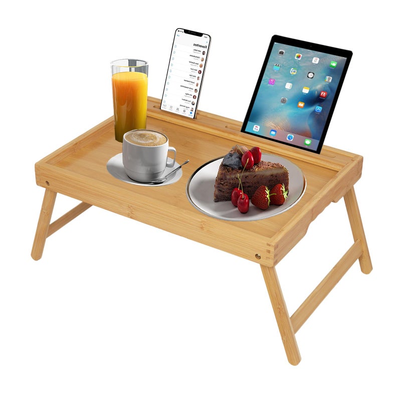 Artmeer Bed Tray Table with Handles Folding Legs,Bamboo Breakfast Food Tray with Media Slot,Use As Platter,Laptop Desk,Snack,TV Tray Kitchen Serving Tray(Beige,Medium) - Image 1