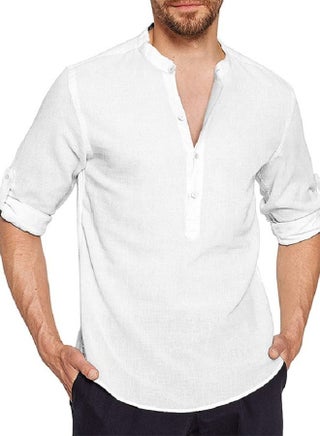 Men's Stand Collar Half Cardigan Long Sleeved Cotton Linen Shirt - pzsku/Z2E6DAB26DAFDB9623D5AZ/45/_/1663257437/1d2cf37f-3749-4157-aeab-d4bec6e7188c