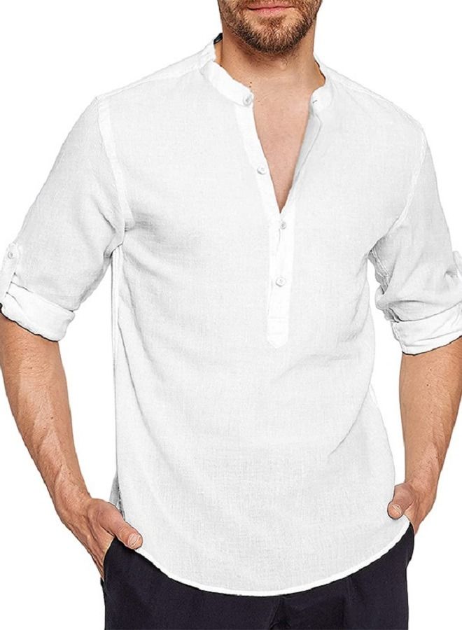 Men's Stand Collar Half Cardigan Long Sleeved Cotton Linen Shirt