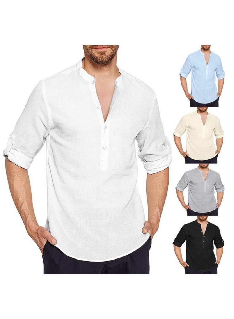 Men's Stand Collar Half Cardigan Long Sleeved Cotton Linen Shirt