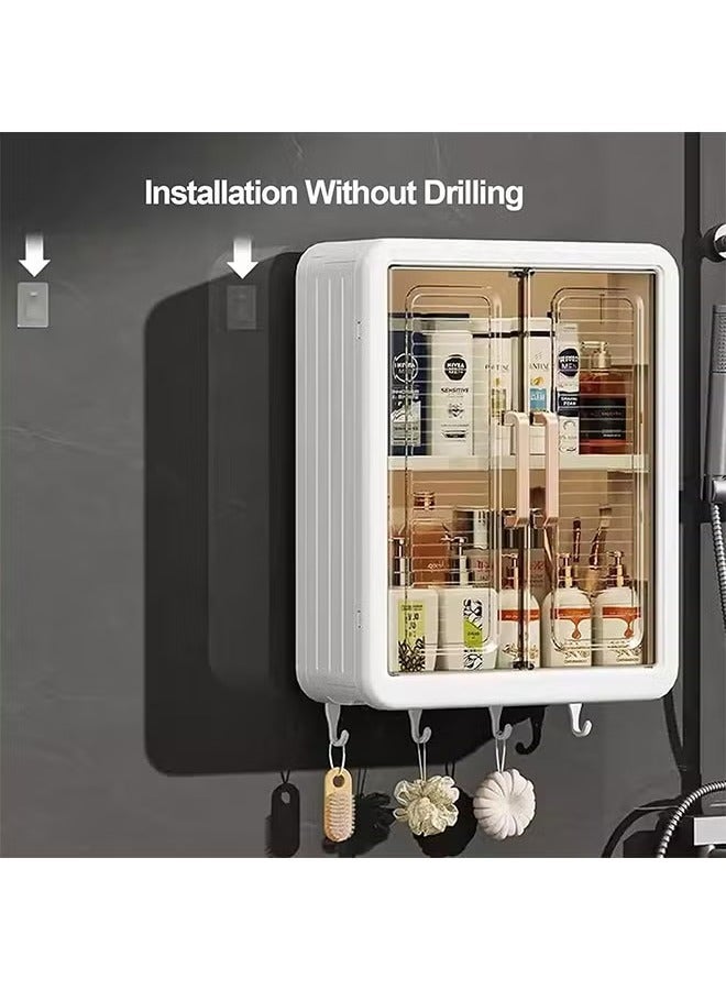 خزانة تخزين بباب مزدوج قابلة للطي مثبتة على الحائط، خزانة تخزين مثبتة على الحائط مع خطافات، مناسبة لتخزين الحمام والمطبخ - Image 1