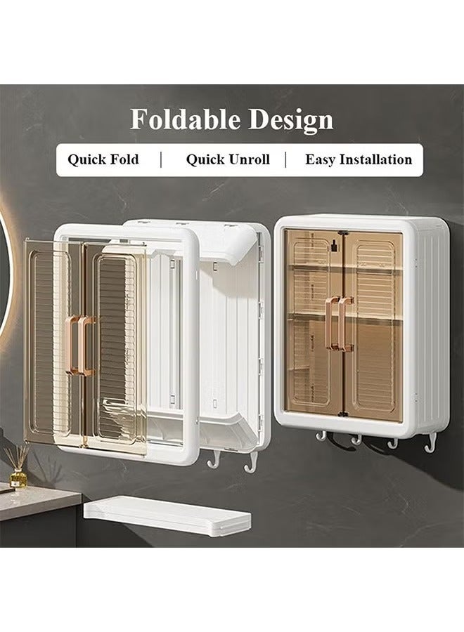 خزانة تخزين بباب مزدوج قابلة للطي مثبتة على الحائط، خزانة تخزين مثبتة على الحائط مع خطافات، مناسبة لتخزين الحمام والمطبخ - Image 5