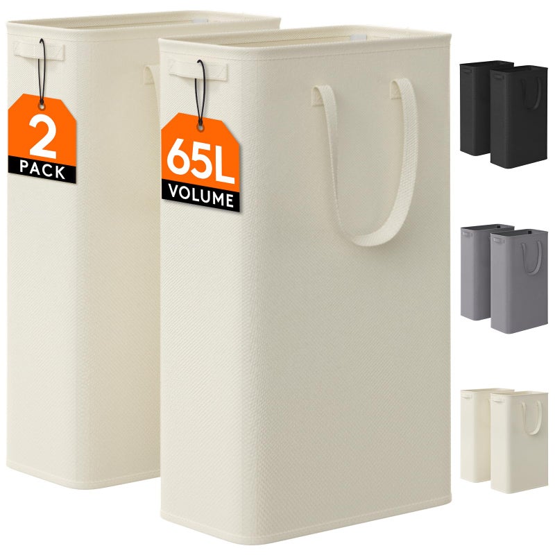 Lifewit 2 Pack Slim Laundry Hamper Collapsible Narrow Laundry Basket Small Tall Dirty Clothes Hampers with Handles for Bathroom Bedroom College Dorm White 65L - Image 2