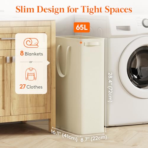 Lifewit 2 Pack Slim Laundry Hamper Collapsible Narrow Laundry Basket Small Tall Dirty Clothes Hampers with Handles for Bathroom Bedroom College Dorm White 65L - Image 3