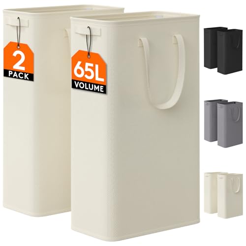Lifewit 2 Pack Slim Laundry Hamper Collapsible Narrow Laundry Basket Small Tall Dirty Clothes Hampers with Handles for Bathroom Bedroom College Dorm White 65L - Image 1
