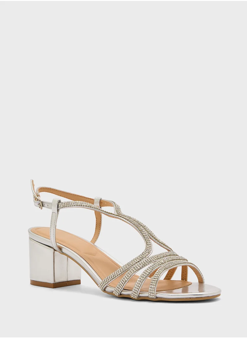 Truffle Diamante Embilleshed Block Heel Sandal
