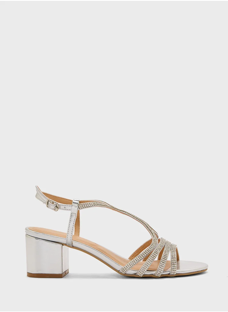 Truffle Diamante Embilleshed Block Heel Sandal