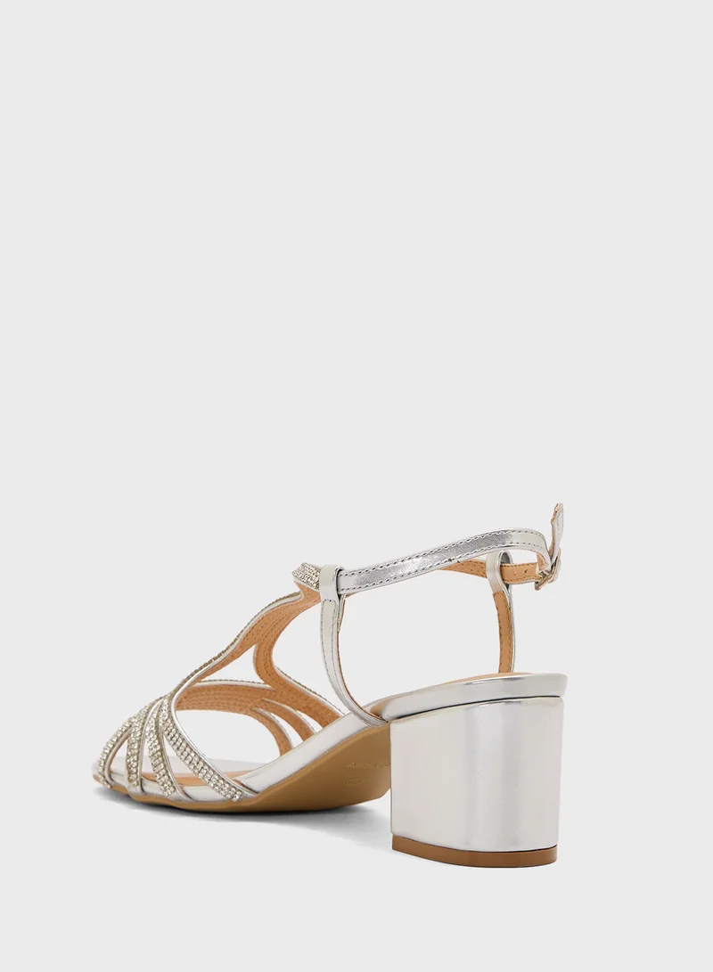 Truffle Diamante Embilleshed Block Heel Sandal