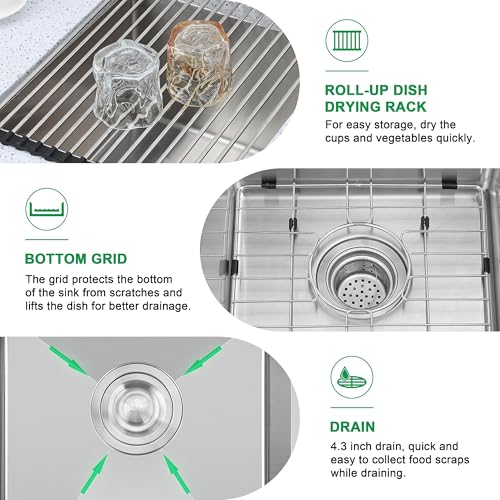 Herogo 15×17 Inch Undermount Stainless Steel Kitchen Sink, 9" Deep Small Single Bowl Drop In Sink with Accessories for Rv Home Wet Bar, Brushed Nickel - Image 4