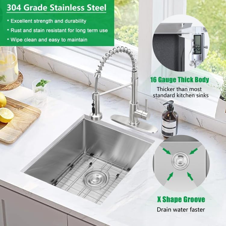 Herogo 15×17 Inch Undermount Stainless Steel Kitchen Sink, 9" Deep Small Single Bowl Drop In Sink with Accessories for Rv Home Wet Bar, Brushed Nickel - Image 3