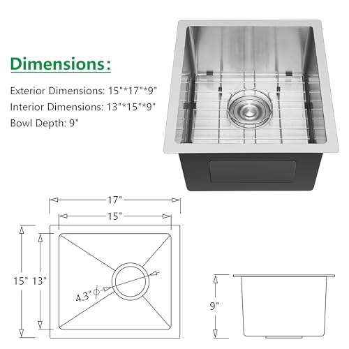 Herogo 15×17 Inch Undermount Stainless Steel Kitchen Sink, 9" Deep Small Single Bowl Drop In Sink with Accessories for Rv Home Wet Bar, Brushed Nickel - Image 5