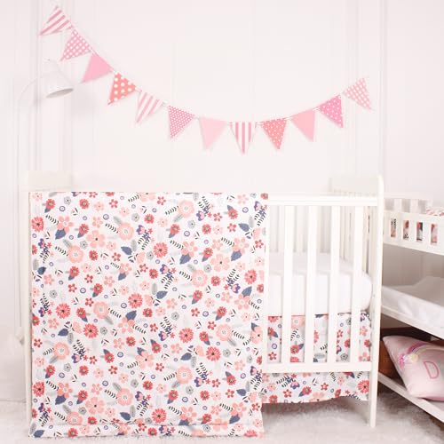CaSaJa Baby 3-Piece Crib Bedding Set for Boys Girls, Including Soft Quilted Comforter(Blanket), Fitted Crib Sheet and Skirt, Soft Nursery Bedding Set Made of Silky Comfy Materials, Petals Flying - Image 1