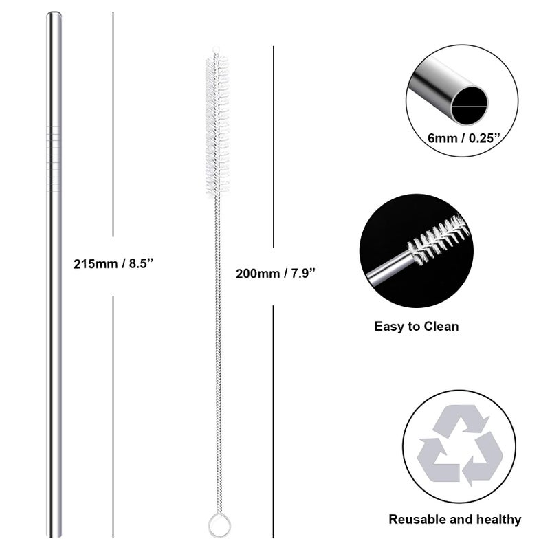 morneve Stainless Steel Straws Metal Reusable Drinking Straw for Juice Iced Coffee Cold Beverage Water Highball Glasses 20oz Tumblers Mugs Cups, 0.24" 6mm Wide 215mm Long, Set of 8 with Brush, Silver - Image 2