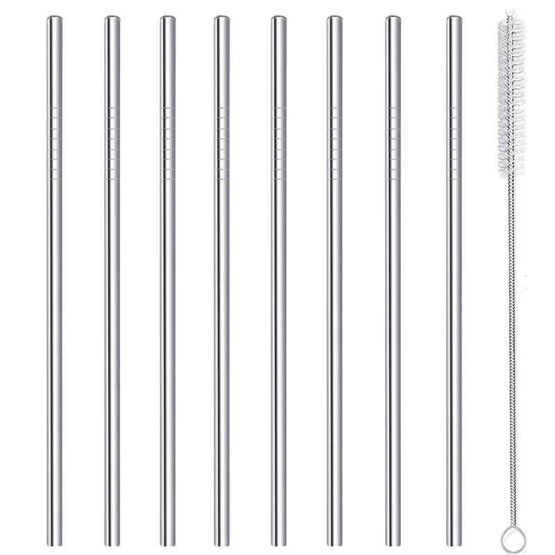 morneve Stainless Steel Straws Metal Reusable Drinking Straw for Juice Iced Coffee Cold Beverage Water Highball Glasses 20oz Tumblers Mugs Cups, 0.24" 6mm Wide 215mm Long, Set of 8 with Brush, Silver - Image 1