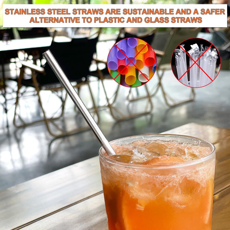 morneve Stainless Steel Straws Metal Reusable Drinking Straw for Juice Iced Coffee Cold Beverage Water Highball Glasses 20oz Tumblers Mugs Cups, 0.24" 6mm Wide 215mm Long, Set of 8 with Brush, Silver - Image 3