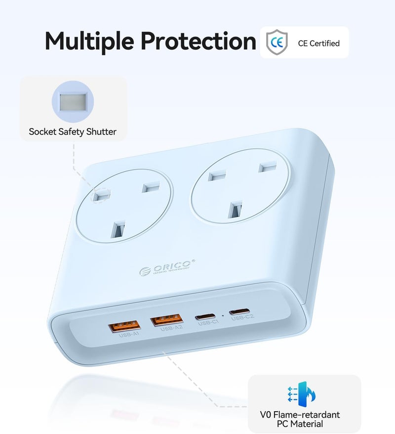 Orico PD 20W Extension Lead with USB Slots, 2 Way Extension Socket with 2 USB C and 2 USB A, 1.6m Extension Cable, 13A 3250W Desk Power Strip for Bedroom Office Accessories-Blue - Image 5