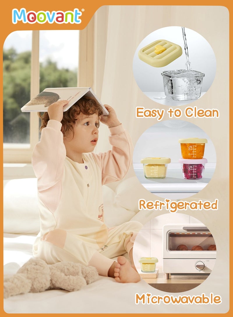 4 PCS Glass Baby Food Storage Containers, Leak-Proof Sealed Baby Food Boxes with Capacity Markings, Steamable and Freezable Glass Food Containers, Yellow & Purple