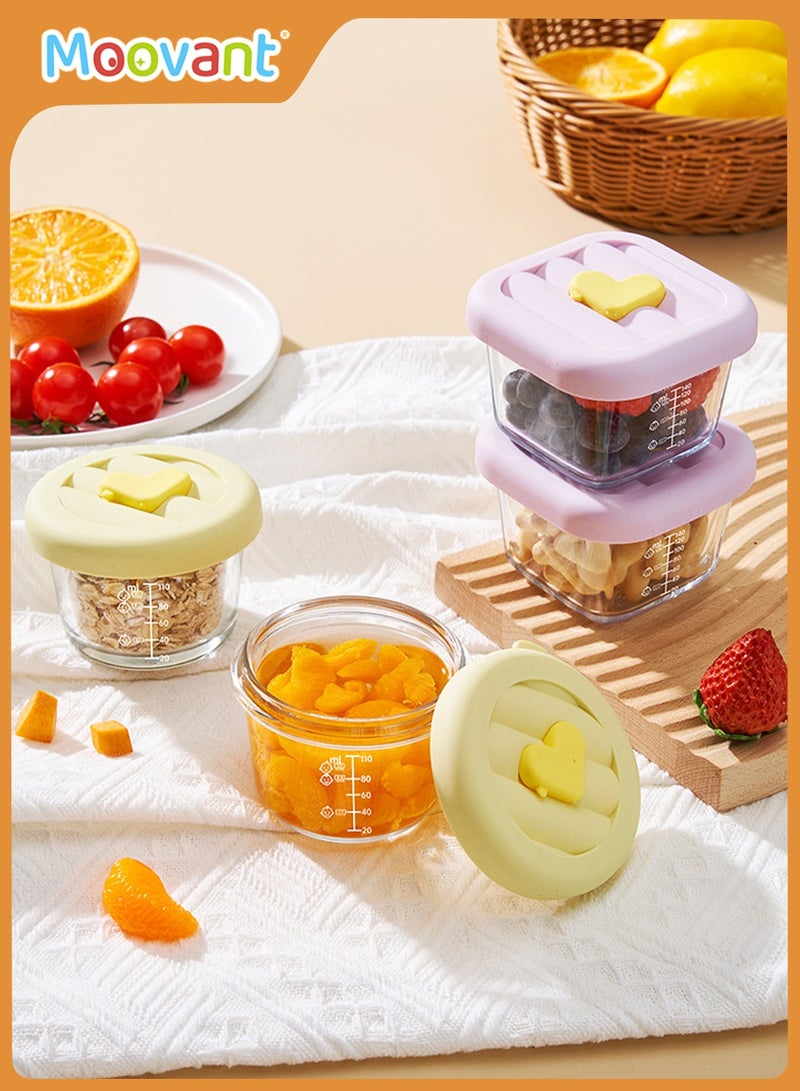 4 PCS Glass Baby Food Storage Containers, Leak-Proof Sealed Baby Food Boxes with Capacity Markings, Steamable and Freezable Glass Food Containers, Yellow & Purple