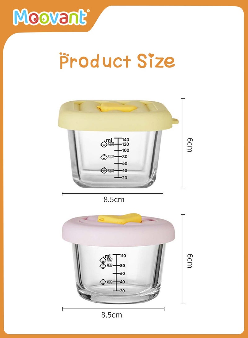 4 PCS Glass Baby Food Storage Containers, Leak-Proof Sealed Baby Food Boxes with Capacity Markings, Steamable and Freezable Glass Food Containers, Yellow & Purple