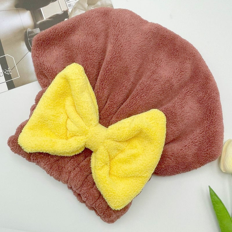 Generic Cute bow princess cap wholesale womens quick-drying absorbent bath dry hair towel coral fleece single-layer shower cap dry hair cap Brown hat
