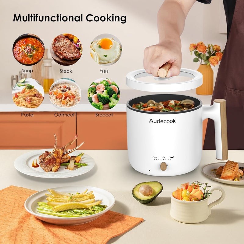Audecook أوديكوك حساء ساخن كهربائي، مقلاة صغيرة محمولة غير لاصقة بسعة 1.8 لتر، متعددة الوظائف، مناسبة لطهي الرامن بسرعة، مع تحكم مزدوج في الطاقة، مقلاة كهربائية للنودلز/المعكرونة/البيض/الحساء/الشوفان/الستيك (لون أبيض). - Image 2