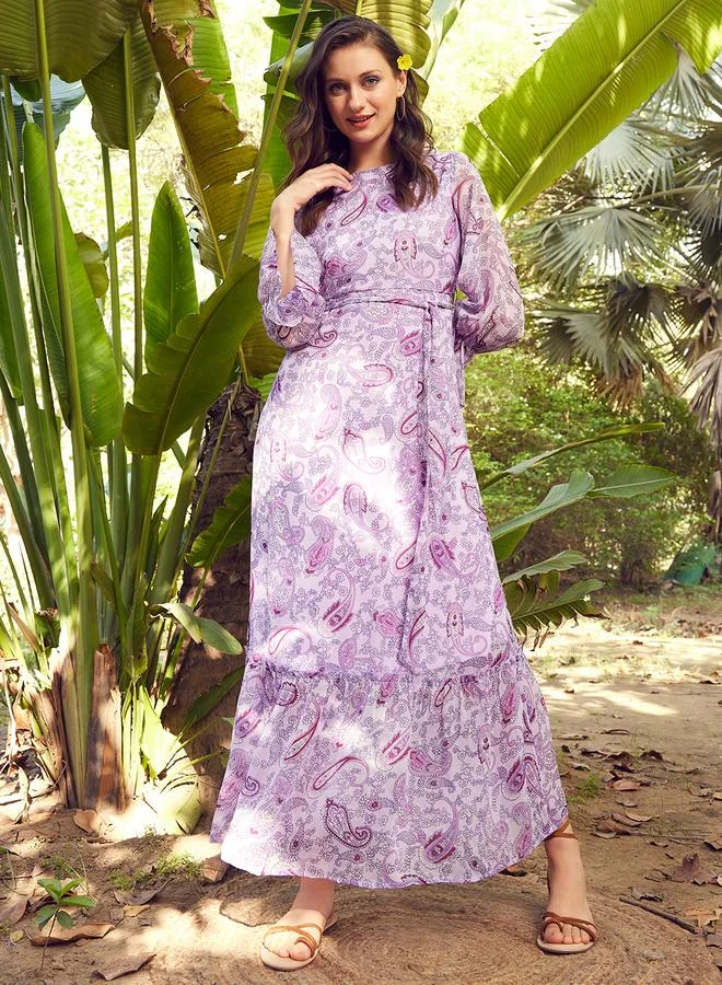 STREET 9 فستان ماكسي بطبعات زهور من ستريت  مع حزام